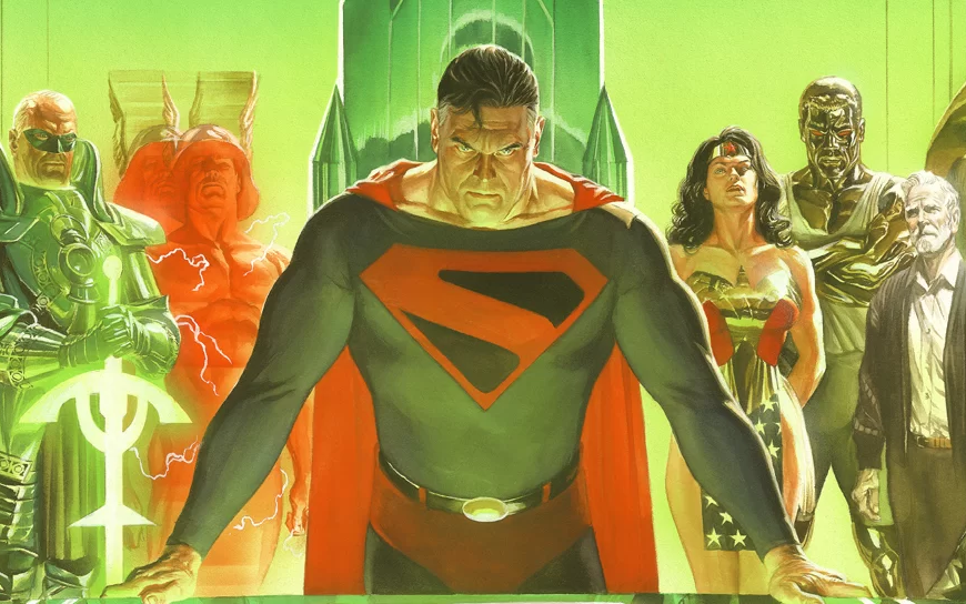 Superman e heróis se reunindo no salão da justiça