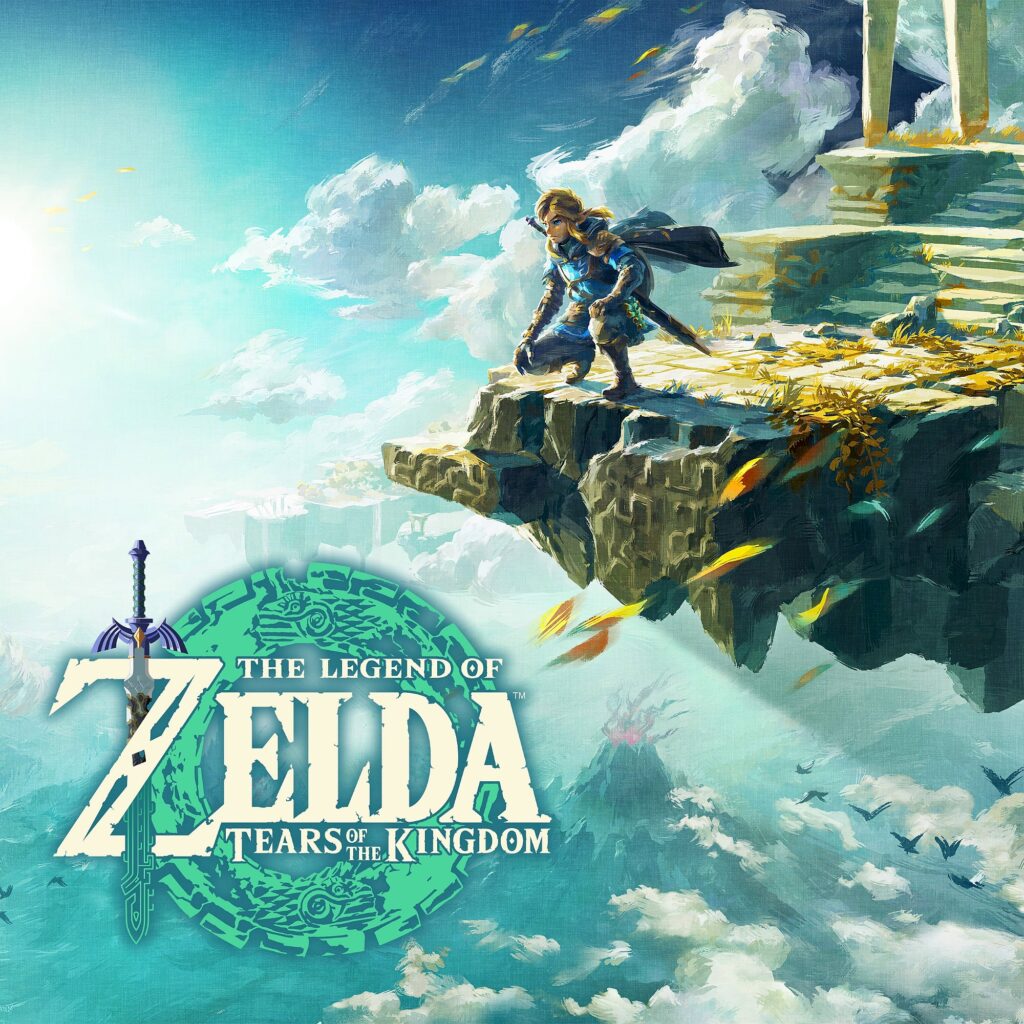 Capa do jogo Zelda: Tears of The Kingdom. A imagem retrata o protagonista em uma ilha flutuante.