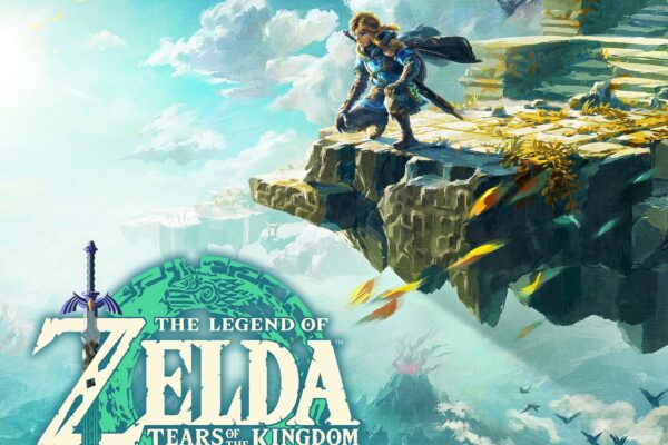 Capa do jogo Zelda: Tears of The Kingdom. A imagem retrata o protagonista em uma ilha flutuante.