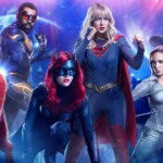 Flash, Raio Negro, Batwoman, Supergirl, Sara Lance e Arqueiro Verde (da esquerda para a direita)