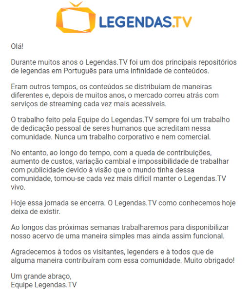 Comunicado do fim do site legendas.tv feito por fãs