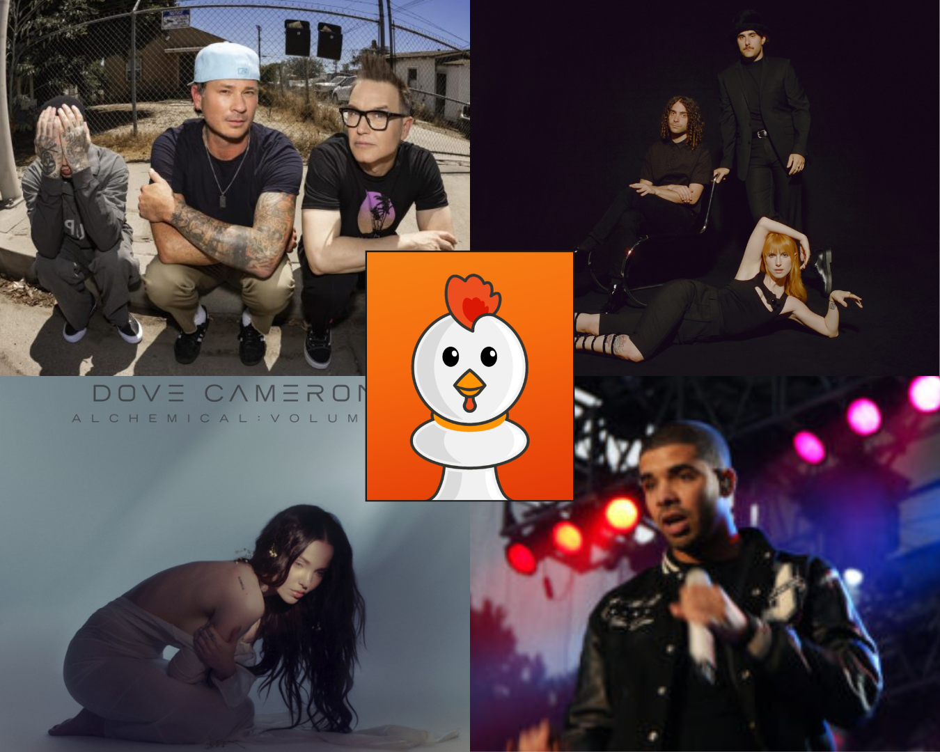 Drake, Blink-182, Dove Camaron e Paramore fazem parte da lista dos artistas que cancelaram shows no Lollapalooza. Imagens: Divulgação