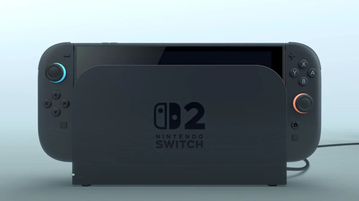 Console Nintendo Switch 2 em sua base de carregamento e transmissão para TV
